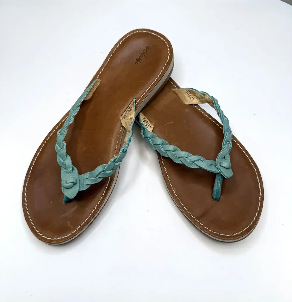 Olukai Kahiko Braided Leather Thong Sandals Sz 8 Flip Flops Turquoise Boho Flat - Picture 1 of 10